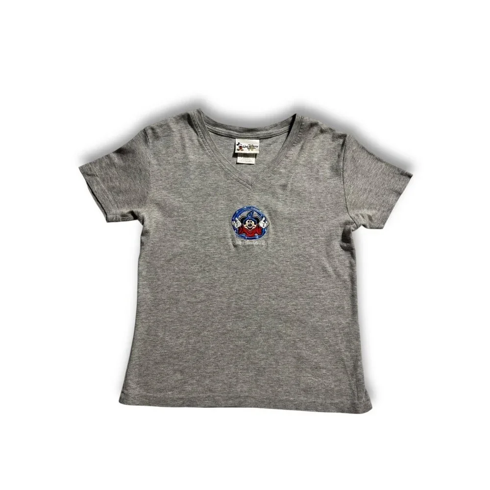 Disney Sorcerer Mickey Embroidered V-Neck Tee Gray Women’s Small